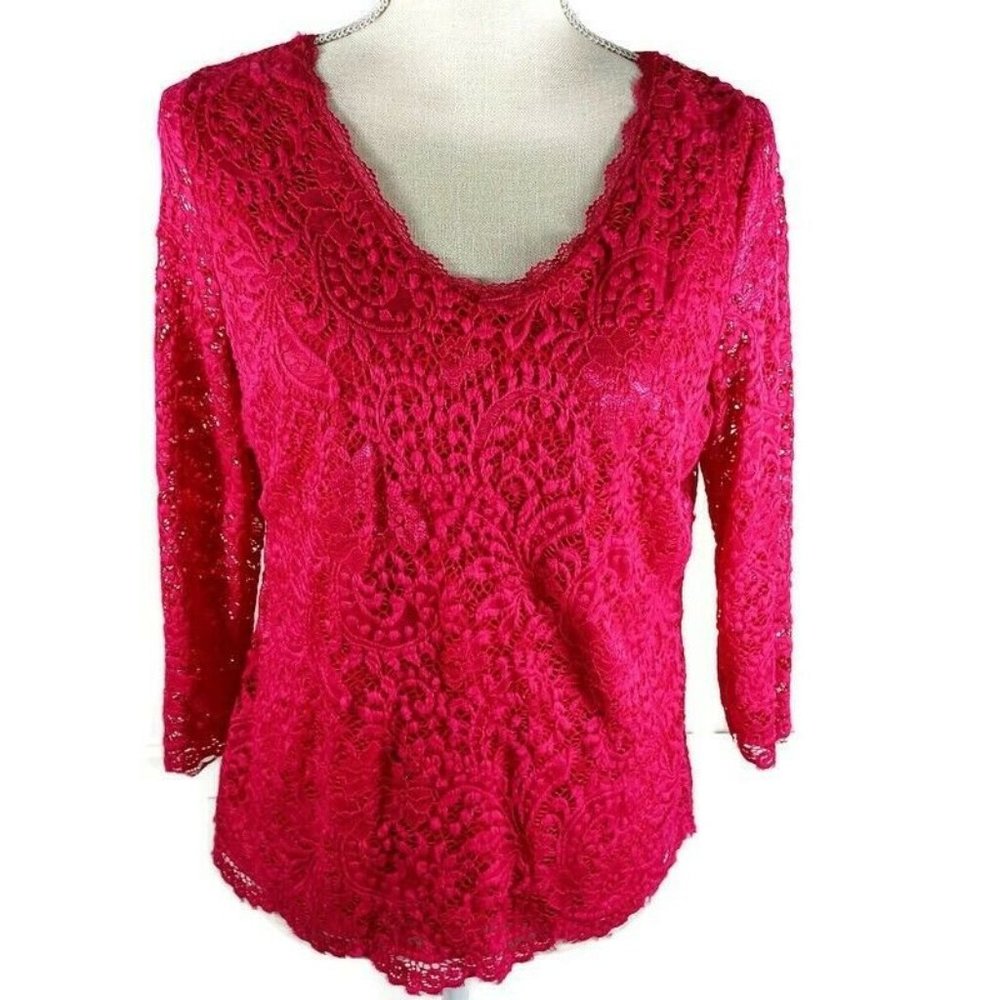 🔥4/$20 Roz & Ali Jacobean Top Small Pink Quarter Sleeves *LIGHT WEAR*